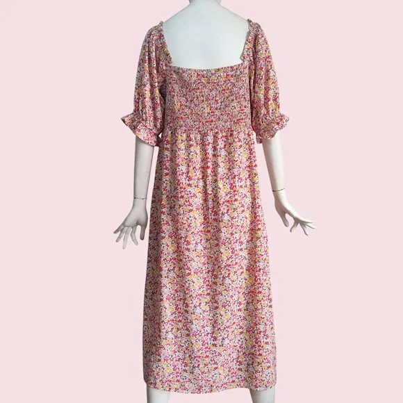 Lush Boho Ditsy Floral Smocked Back Sweetheart Neck Puff Sleeve Midi Dress Sz XL - Picture 2 of 11